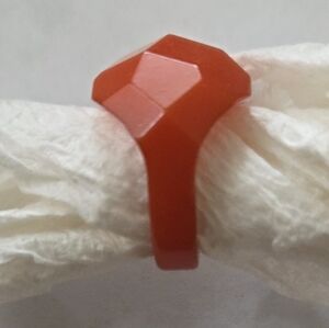 Bakelite Orangey-Red Blocky Geometric Ring AND Cream Early Plastic Ring- VTG